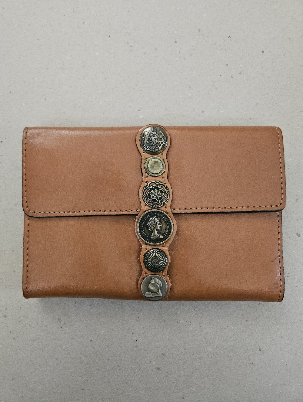 Patricia Nash Tan Brown Folded Cameo Button Leather Wallet